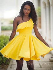 A-Line One-Shoulder Short Satin Homecoming Dresses For Black girls With Ruffles