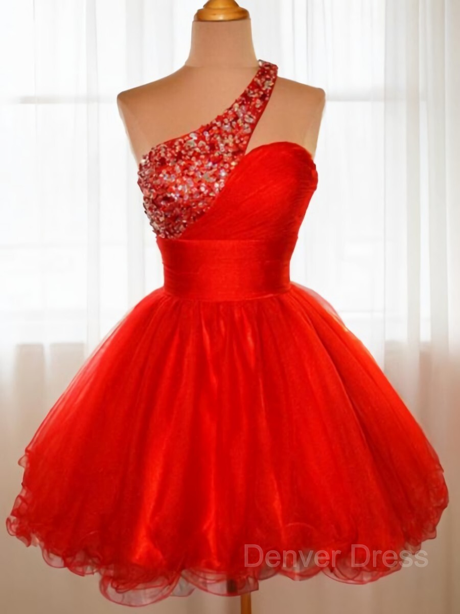 A-Line One-Shoulder Short Tulle Homecoming Dresses For Black girls With Sequin