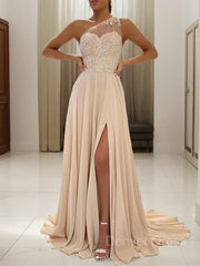 A-Line One-Shoulder Sweep Train Chiffon Prom Dresses For Black girls With Leg Slit