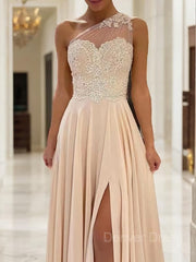 A-Line One-Shoulder Sweep Train Chiffon Prom Dresses For Black girls With Leg Slit