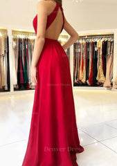 A Line Princess Scalloped Neck Sleeveless Long Floor Length Chiffon Prom Dress Outfits For Women With Split