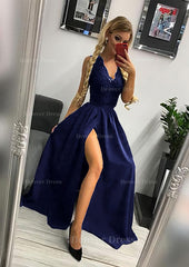 A Line Princess Scalloped Neck Sleeveless Long Floor Length Elastic Satin Prom Dress Outfits For Women With Lace Split