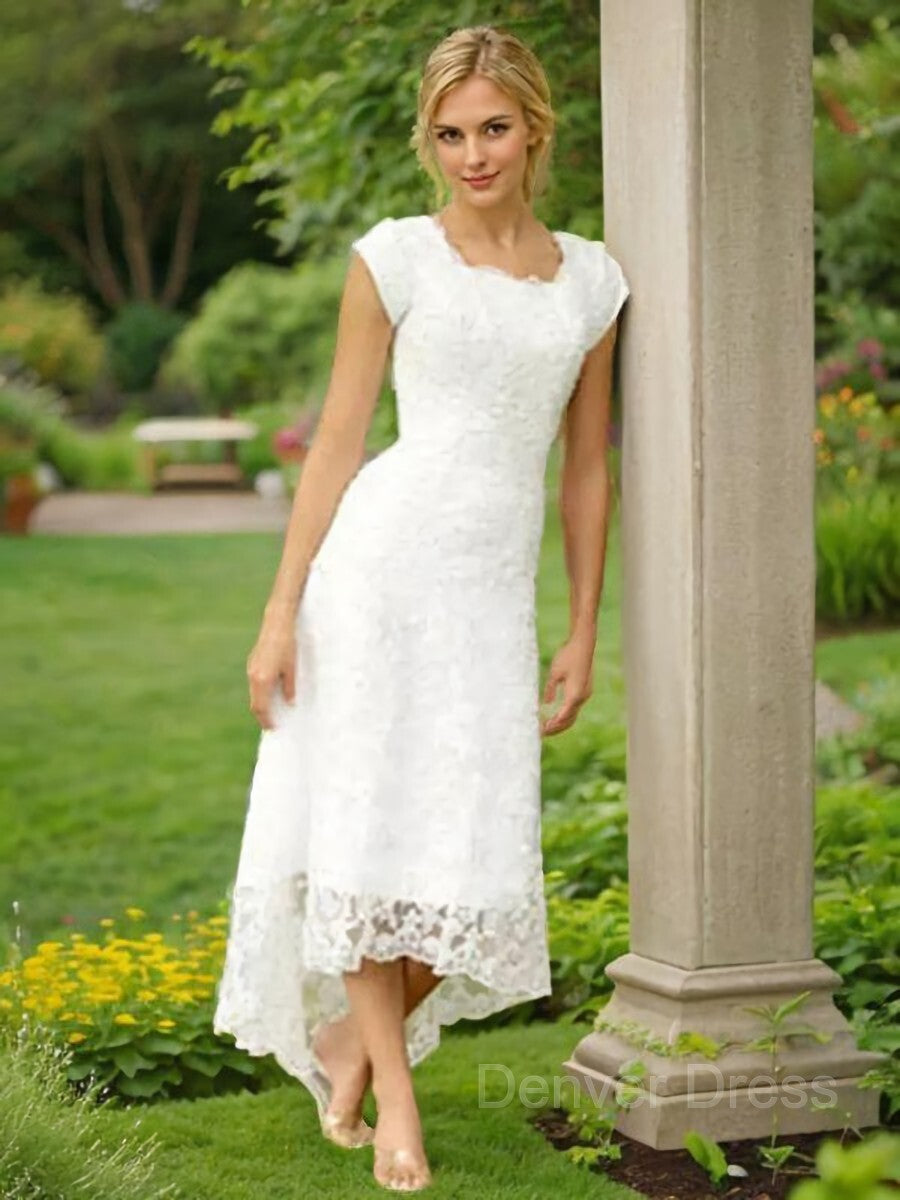A-Line Scoop Asymmetrical Lace Wedding Dresses