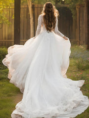 A-Line Scoop Cathedral Train Tulle Wedding Dresses For Black girls With Appliques Lace
