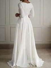 A-Line Scoop Floor-Length Stretch Crepe Wedding Dresses
