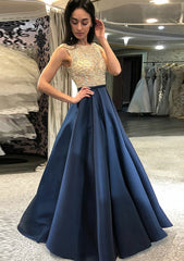 A Line Princess Scoop Neck Sleeveless Long Floor Length Satin Prom Dress Outfits For Women With Beading