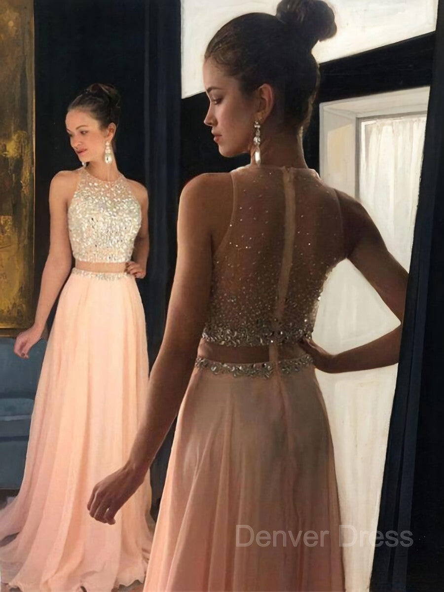 A-Line Scoop Sweep Train Chiffon Evening Dresses For Black girls With Beading