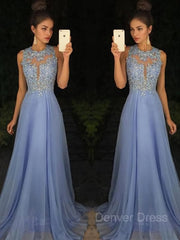 A-Line Scoop Sweep Train Chiffon Prom Dresses For Black girls With Appliques Lace