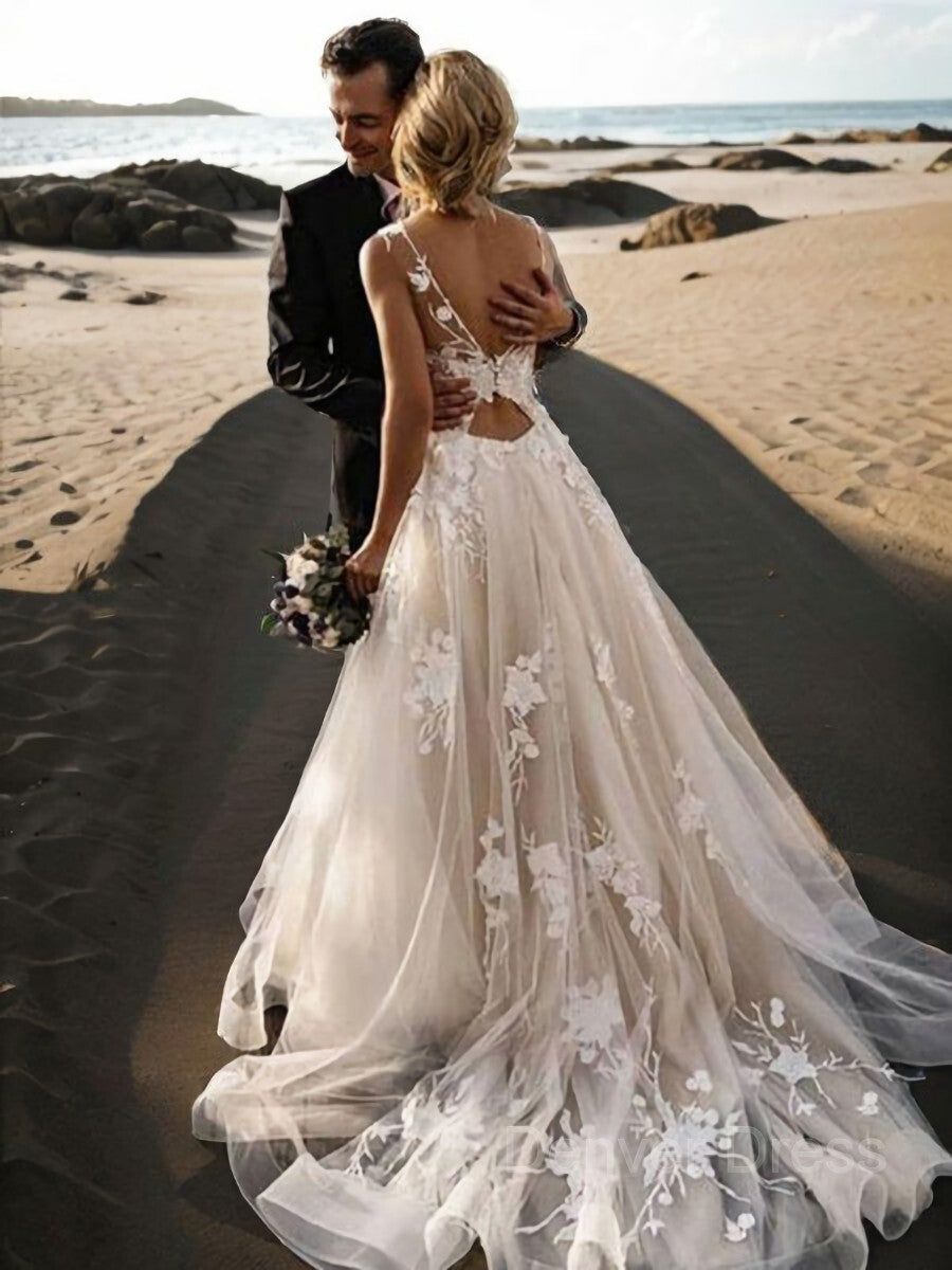 A-Line Scoop Sweep Train Lace Wedding Dresses For Black girls With Appliques Lace