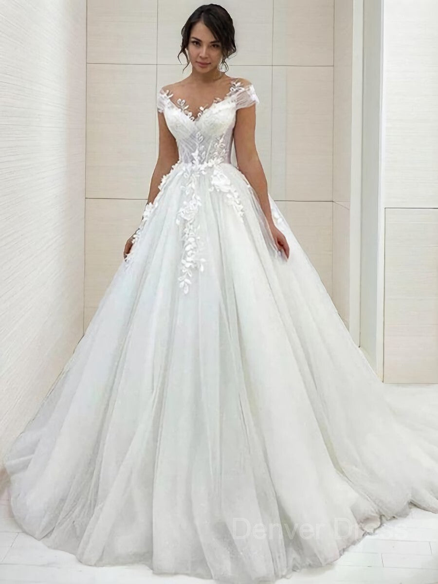 A-Line Scoop Sweep Train Tulle Wedding Dresses