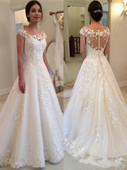 A-Line Scoop Sweep Train Tulle Wedding Dresses For Black girls With Appliques Lace