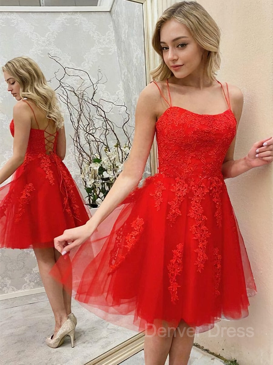 A-Line Spaghetti Straps Short Tulle Homecoming Dresses For Black girls With Appliques Lace