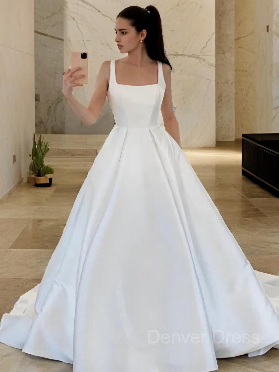 A-Line Square Sweep Train Satin Wedding Dresses