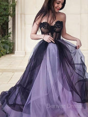 A-Line Strapless Court Train Tulle Prom Dresses For Black girls With Appliques Lace