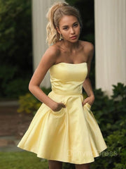 A-Line Strapless Short Satin Homecoming Dresses
