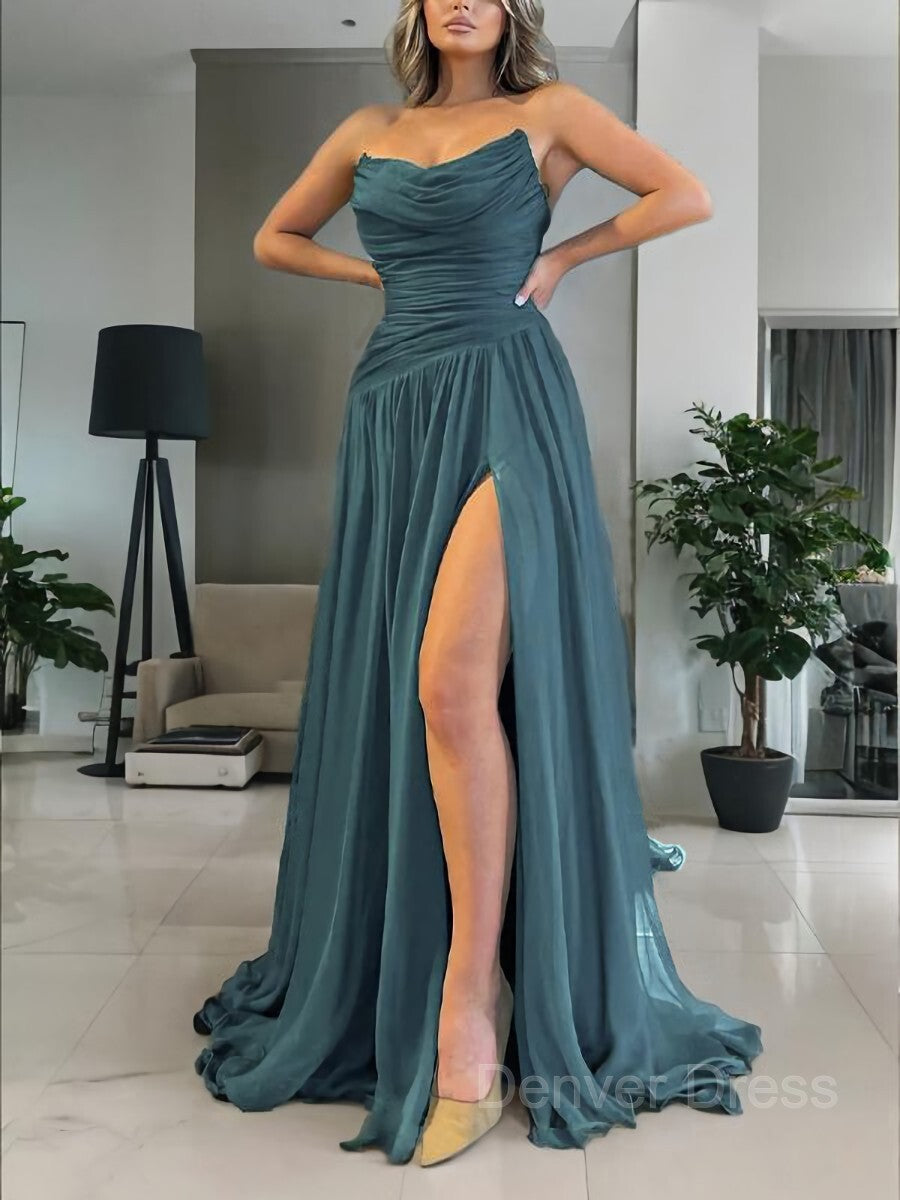 A-Line Strapless Sweep Train 30D Chiffon Prom Dresses For Black girls With Leg Slit