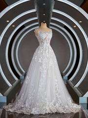 A-Line Straps Court Train Tulle Wedding Dresses For Black girls with Appliques Lace