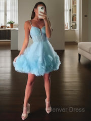A-Line Straps Short Tulle Homecoming Dress Outfits For Women with Cascading Ruffles