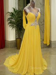 A-Line Straps Sweep Train Chiffon Prom Dresses For Black girls With Beading