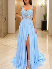 A-Line Straps Sweep Train Chiffon Prom Dresses For Black girls With Leg Slit