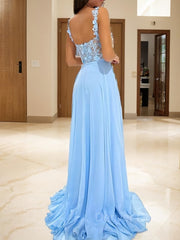 A-Line Straps Sweep Train Chiffon Prom Dresses For Black girls With Leg Slit