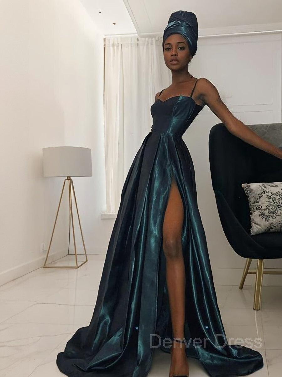 A-Line Straps Sweep Train Silk like Satin Prom Dresses For Black girls With Leg Slit
