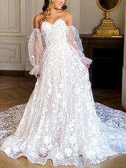 A-Line Sweetheart Cathedral Train Lace Wedding Dresses For Black girls With Appliques Lace