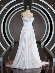 A-Line Sweetheart Chapel Train Satin Wedding Dresses For Black girls with Ruffles