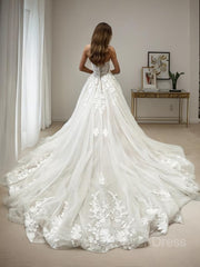 A-Line Sweetheart Chapel Train Tulle Wedding Dresses For Black girls With Appliques Lace