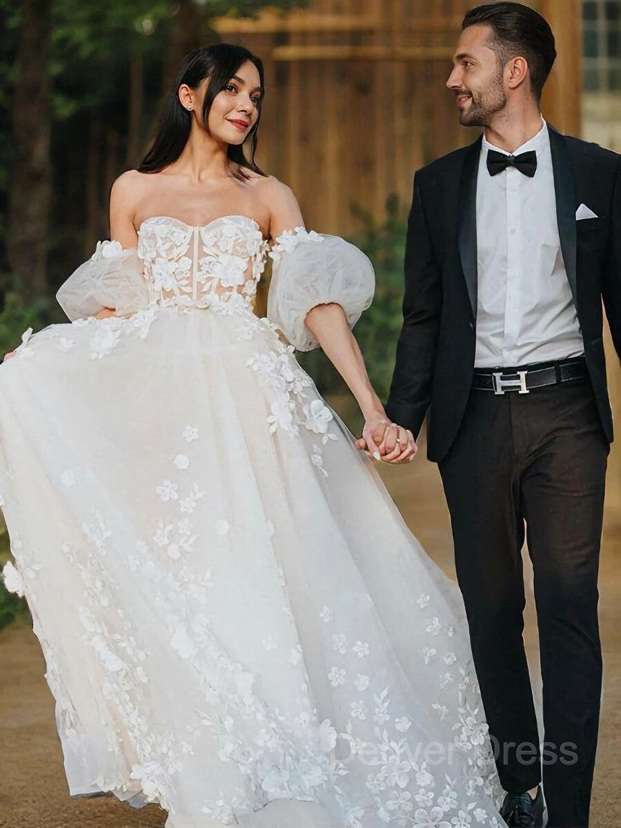 A-Line Sweetheart Court Train Tulle Wedding Dresses For Black girls With Appliques Lace