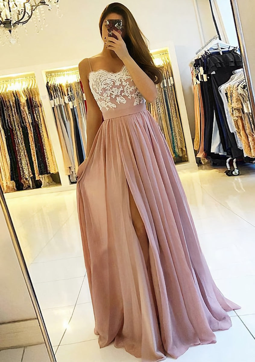 A Line Princess Sweetheart Sleeveless Long Floor Length Chiffon Prom Dress Outfits For Women With Split Appliqued