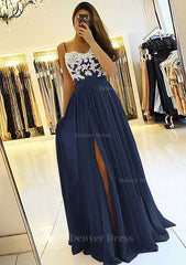 A Line Princess Sweetheart Sleeveless Long Floor Length Chiffon Prom Dress Outfits For Women With Split Appliqued