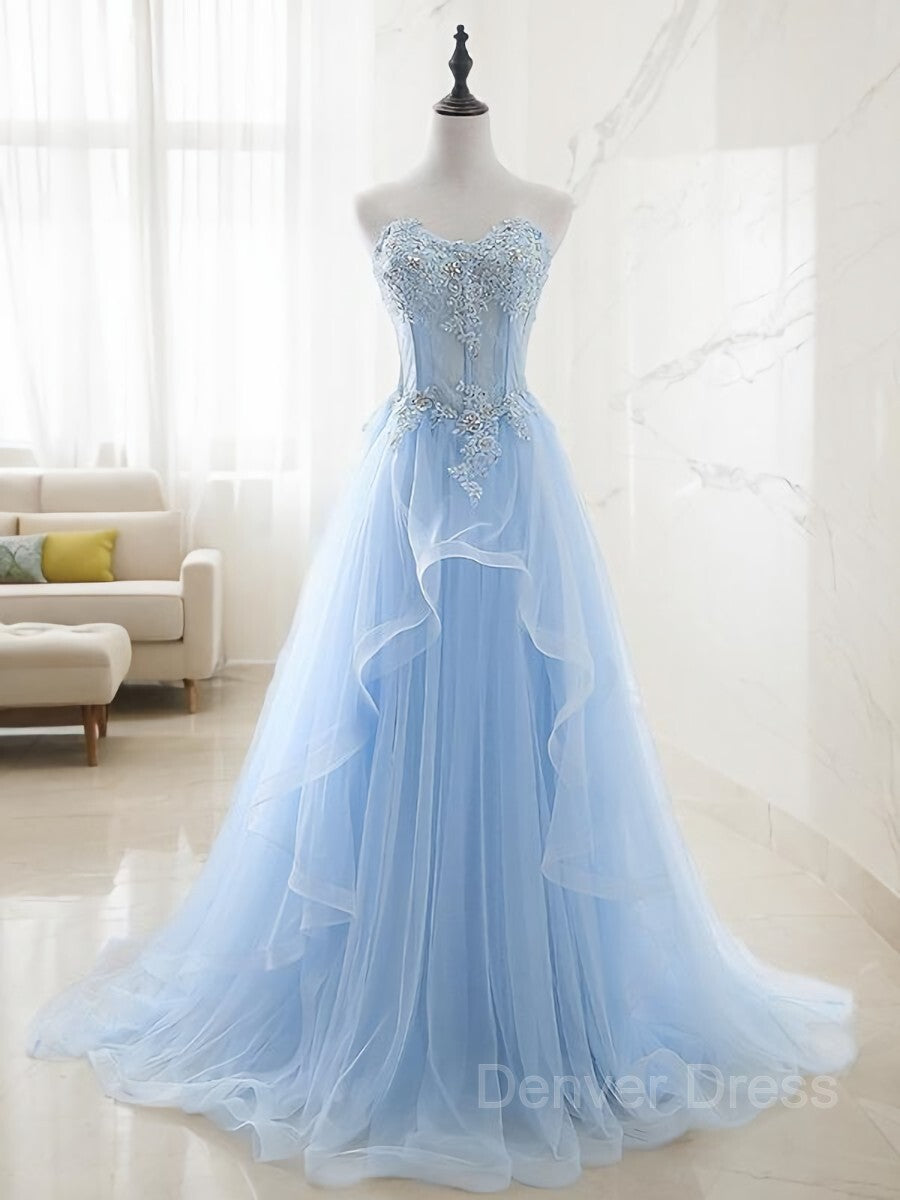 A-Line Sweetheart Sweep Train Tulle Prom Dresses For Black girls With Appliques Lace