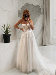 A-Line Sweetheart Sweep Train Tulle Wedding Dresses For Black girls With Appliques Lace