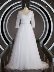 A-Line Sweetheart Sweep Train Tulle Wedding Dresses For Black girls with Ruffles