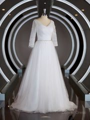 A-Line Sweetheart Sweep Train Tulle Wedding Dresses For Black girls with Ruffles