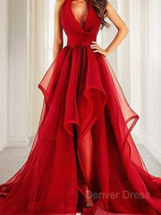A-Line V-neck Court Train Organza Evening Dresses For Black girls With Ruffles