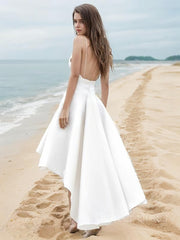 A-Line V-neck Asymmetrical Satin Wedding Dresses