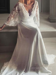 A-Line V-neck Court Train Lace Wedding Dresses For Black girls With Sash