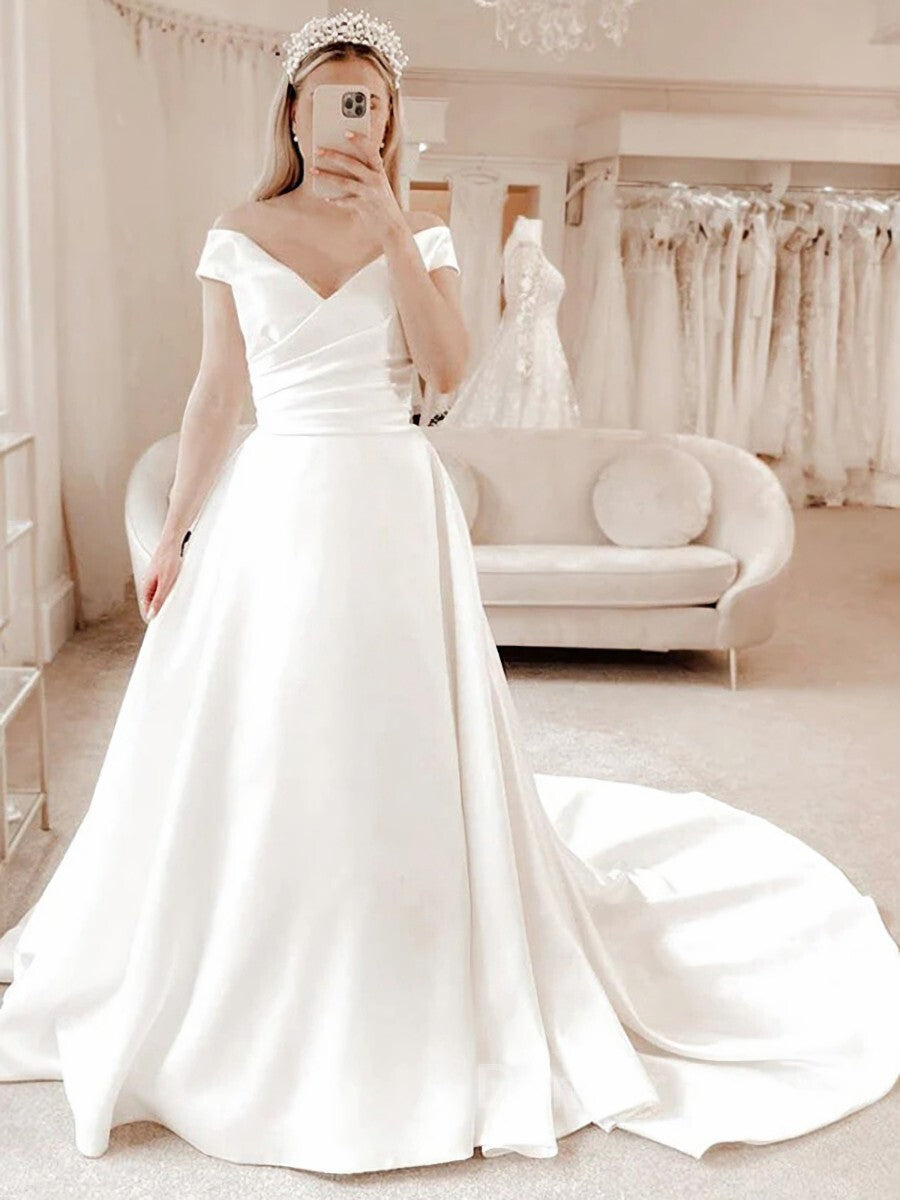 A-Line V-neck Court Train Satin Wedding Dresses For Black girls With Pleated
