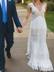 A-Line V-neck Floor-Length Lace Wedding Dresses