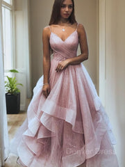 A-Line V-neck Floor-Length Net Prom Dresses