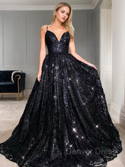 A-Line V-neck Floor-Length Sequins Prom Dresses