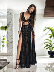A-Line V-neck Floor-Length Sequins Prom Dresses For Black girls With Leg Slit