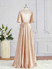 A-Line V-neck Floor-Length Silk like Satin Bridesmaid Dresses For Black girls with Sash