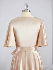 A-Line V-neck Floor-Length Silk like Satin Bridesmaid Dresses For Black girls with Sash