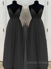 A-Line V-neck Floor-Length Tulle Prom Dresses For Black girls With Beading