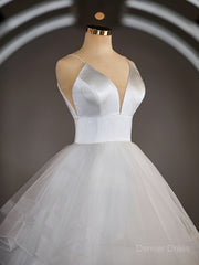 A-Line V-neck Floor-Length Tulle Wedding Dresses For Black girls with Ruffles