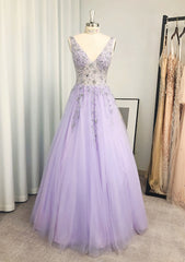 A Line Princess V Neck Long Floor Length Tulle Prom Dress Outfits For Women With Beading Sequins