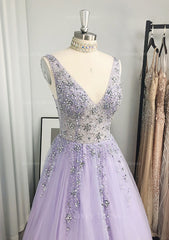 A Line Princess V Neck Long Floor Length Tulle Prom Dress Outfits For Women With Beading Sequins